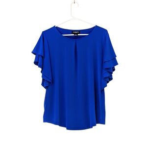 Blue Flutter Sleeve Top Blouse Liz Claiborne Career Women